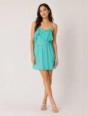Wilfred Women's Aquamarine 100% Silk Ruffle Mini Slip Spaghetti Straps Dress S